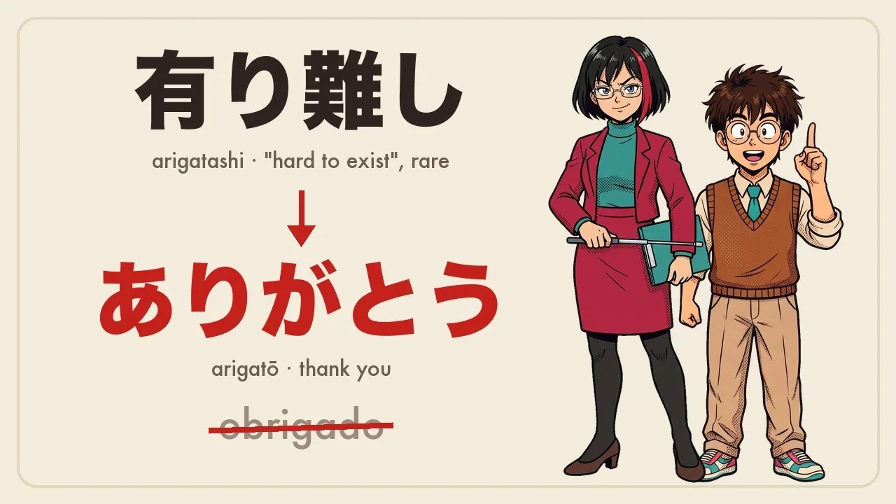 有り難し becoming ありがとう, with obrigado crossed out, and Rin and Tadashi explaining it