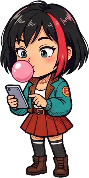 Rin texting on her phone, blowing a bubblegum bubble