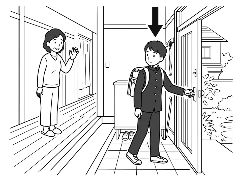 Morning at the front entrance (genkan) of a Japanese house. A schoolboy in uniform, with a school bag on his back, has put on his shoes and is opening the front door to go out. His mother stands in the hallway behind him, smiling and waving. The arrow points to the schoolboy.